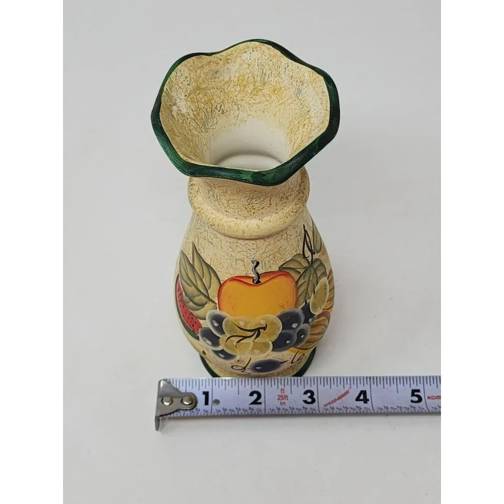 Vintage K's Collection Ceramic Vase Painted Fruit‎ Gold With Black Trim